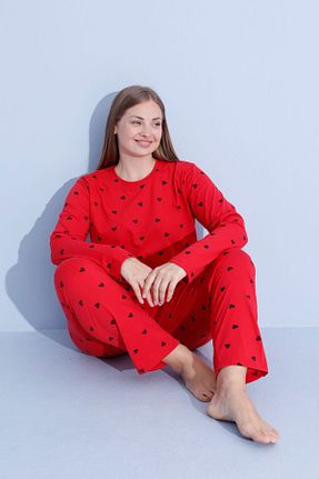 ست لباس راحتی سایز بزرگ قرمز زنانه Kalp PİJAMOOD - کد 868065793