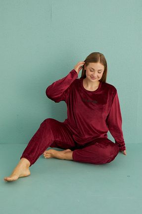ست لباس راحتی سایز بزرگ زرشکی زنانه ساده pijamakeyfi - کد 868057035