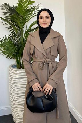 پالتو پشمی حجاب قهوه ای زنانه رگولار MERVEN AKYÜZ - کد 875788674
