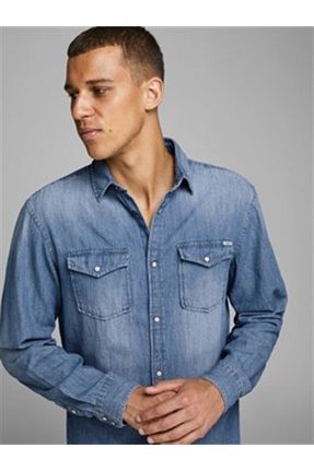 پیراهن آبی مردانه یقه پیراهنی Jack & Jones - کد 304342749
