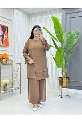 ست بالاتنه و پائین تنه سایز بزرگ قهوه ای زنانه کش دار GK - کد 869536054