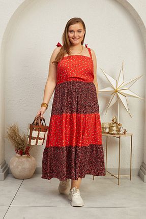 لباس سایز بزرگ قرمز زنانه پارچه Büyük Moda - کد 797254299