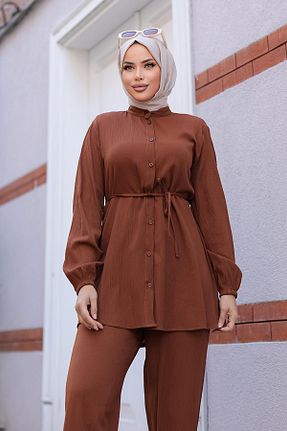 ست بالاتنه و پائین تنه حجاب قهوه ای زنانه اورسایز MİSSKAYLE - کد 830656866