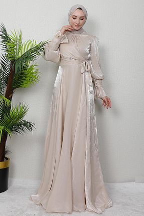 لباس مجلسی حجاب بژ زنانه یقه ایستاده GİZ AGİYİM - کد 870574831