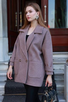 پالتو پشمی قهوه ای زنانه اورسایز SHULEBOUTİQUE - کد 870752394