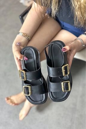 صندل مشکی زنانه پاشنه ضخیم GNY AYAKKABI - کد 863380466