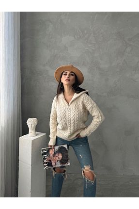 پلیور بژ زنانه Saç Örgü POYDER - کد 869953308