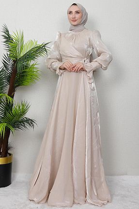 لباس مجلسی حجاب بژ زنانه یقه ایستاده GİZ AGİYİM - کد 870574831