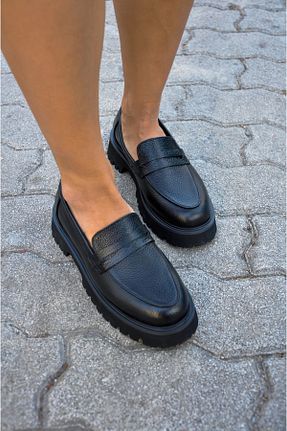 کفش لوفر مشکی زنانه چرم خالص SİBA SHOES - کد 871316222