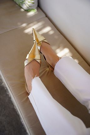کفش پاشنه بلند کلاسیک طلائی زنانه چرم مصنوعی LAMİNTA - کد 814366052
