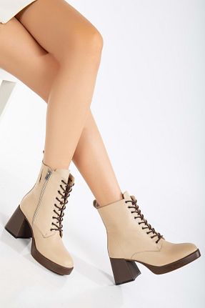 بوت / نیم بوت بژ زنانه چرم خالص ANALİN SHOES - کد 865741069