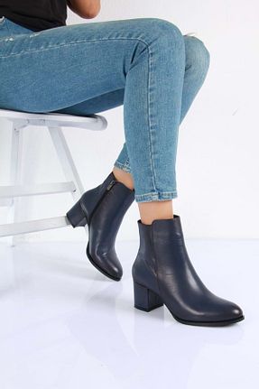 بوت / نیم بوت سرمه ای زنانه چرم خالص ANALİN SHOES - کد 856281747