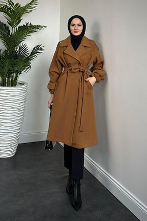 پالتو پشمی حجاب قهوه ای زنانه رگولار MERVEN AKYÜZ - کد 875788410