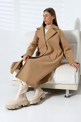 پالتو پشمی قهوه ای زنانه اورسایز COCOCİX - کد 870490550