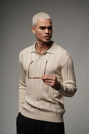 پلیور بژ مردانه اورسایز Butik - کد 871323412