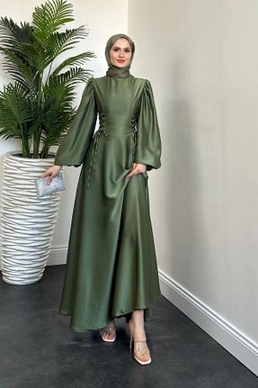 لباس مجلسی حجاب خاکی زنانه یقه ایستاده MERVEN AKYÜZ - کد 875801929