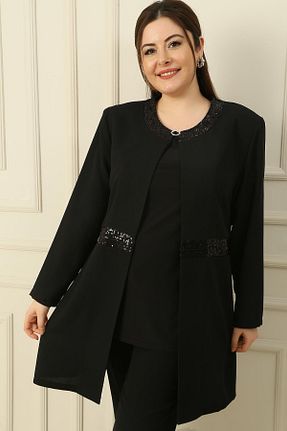 ست لباس مجلسی سایز بزرگ مشکی زنانه آستین بلند By Saygı - کد 820113621