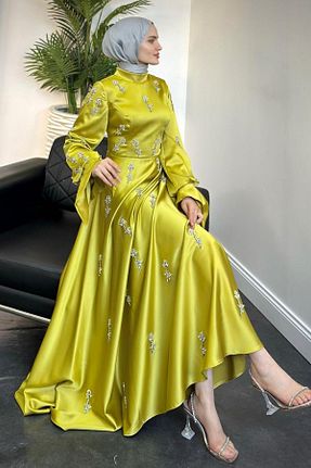 لباس مجلسی حجاب سبز زنانه یقه ایستاده Şulemoda Giyim - کد 871636133