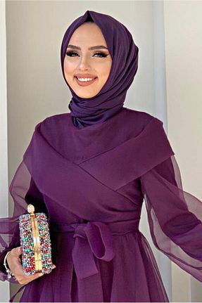لباس مجلسی حجاب بنفش زنانه یقه دوچرخه TRENDTESETTÜR - کد 348302309