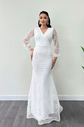 لباس مجلسی و فارغ التحصیلی سفید زنانه توری giyimmasalı - کد 872196305
