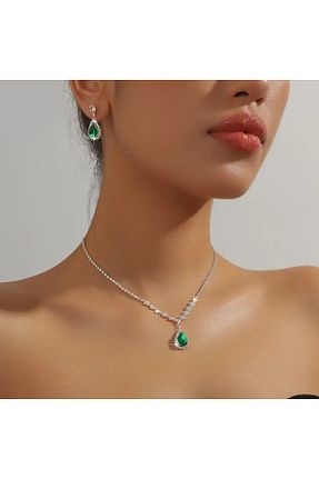 ست جواهر سبز زنانه روکش نقره Estilo Lingerie - کد 855661031