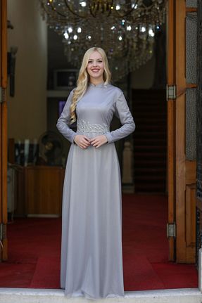 لباس مجلسی حجاب طوسی زنانه یقه ایستاده Genel Markalar - کد 872415654