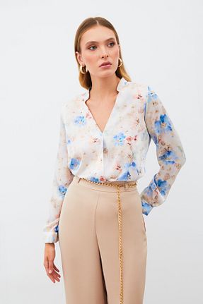 بلوز آبی زنانه طرح دار Sateen - کد 872522334