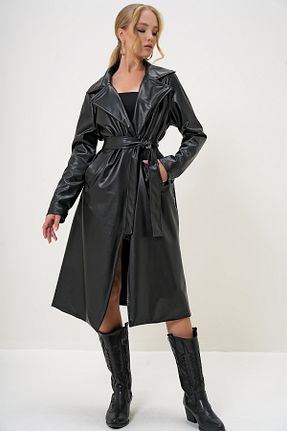 ترنچکت مشکی زنانه چرم مصنوعی Trend Alaçatı Stili - کد 871048526