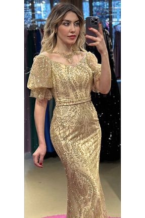 لباس مجلسی و فارغ التحصیلی طلائی زنانه توری Abiyeniall - کد 640025474