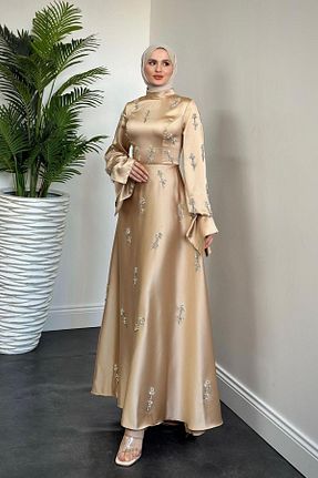 لباس مجلسی حجاب قهوه ای زنانه یقه ایستاده MERVEN AKYÜZ - کد 875802134