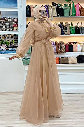 لباس مجلسی حجاب قهوه ای زنانه یقه دوچرخه TRENDTESETTÜR - کد 742204949