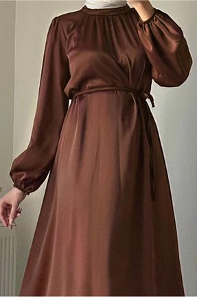 لباس مجلسی حجاب قهوه ای زنانه یقه ایستاده TRENDTESETTÜR - کد 762528201