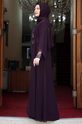 لباس مجلسی حجاب بنفش زنانه یقه دوچرخه TRENDTESETTÜR - کد 819503323