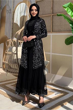 لباس مجلسی حجاب مشکی زنانه یقه دوچرخه TRENDTESETTÜR - کد 815719270