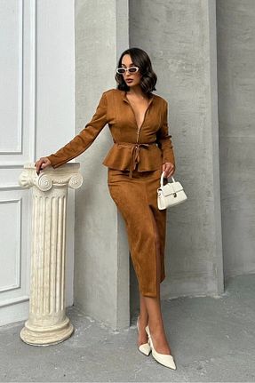 دامن قهوه ای زنانه چرم مصنوعی Ecenin Favorileri - کد 872475283