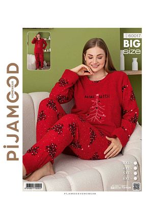 ست لباس راحتی سایز بزرگ قرمز زنانه طرح دار PİJAMOOD - کد 872527753