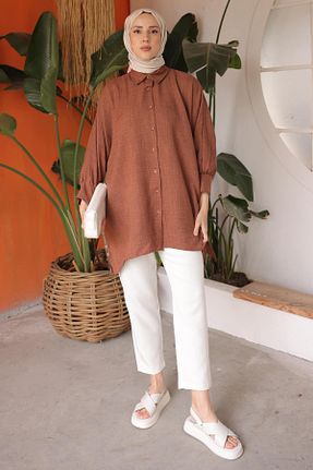 تونیک حجاب قهوه ای زنانه پنبه ای İmajButik - کد 818696715