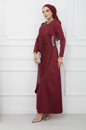 لباس مجلسی حجاب زرشکی زنانه یقه ایستاده İmajButik - کد 794146595