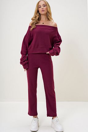ست بالاتنه و پائین تنه زرشکی زنانه بافتنی Trend Alaçatı Stili - کد 868656119