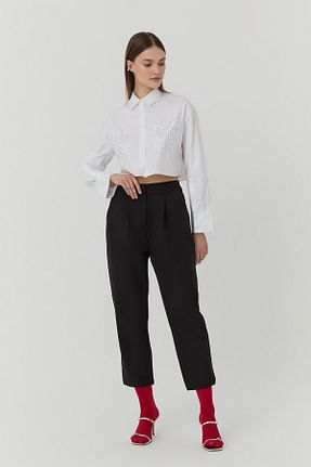 شلوار پارچه ای مشکی زنانه فاق بلند Quzu - کد 801030963