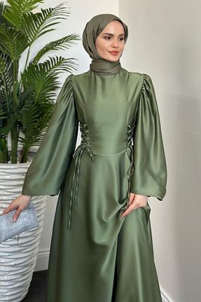 لباس مجلسی حجاب خاکی زنانه یقه ایستاده MERVEN AKYÜZ - کد 875801929