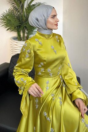لباس مجلسی حجاب سبز زنانه یقه ایستاده Şulemoda Giyim - کد 871636133