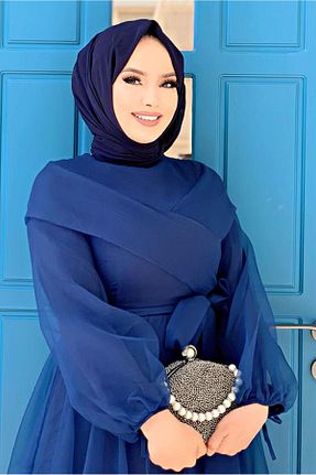 لباس مجلسی حجاب سرمه ای زنانه یقه دوچرخه TRENDTESETTÜR - کد 348302603