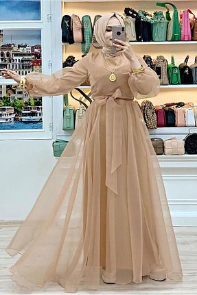لباس مجلسی حجاب قهوه ای زنانه یقه دوچرخه TRENDTESETTÜR - کد 742204949