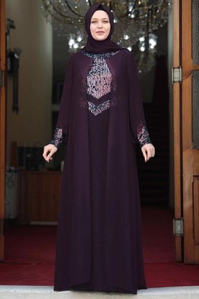 لباس مجلسی حجاب بنفش زنانه یقه دوچرخه TRENDTESETTÜR - کد 819503323