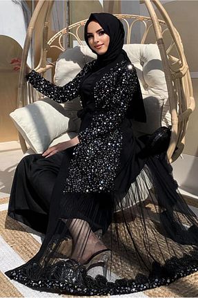 لباس مجلسی حجاب مشکی زنانه یقه دوچرخه TRENDTESETTÜR - کد 815719270