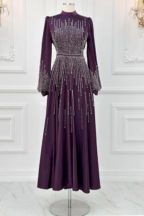 لباس مجلسی حجاب بنفش زنانه یقه دوچرخه TRENDTESETTÜR - کد 846936764