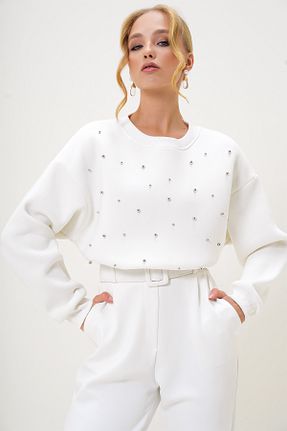 سوئیشرت سفید زنانه ساده Trend Alaçatı Stili - کد 871116583