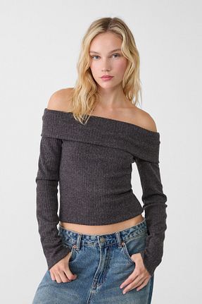 تیشرت طوسی زنانه Straplez Stradivarius - کد 873731674