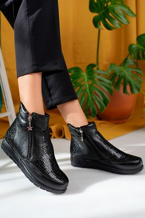 بوت / نیم بوت مشکی زنانه چرم خالص aka prestij ayakkabı comfort - کد 873813005